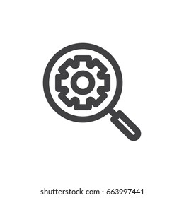 Search engine line icon, outline vector sign, linear style pictogram isolated on white. SEO, magnifying glass gear symbol, logo illustration. Thick line design. Pixel perfect graphics