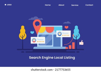 Search engine local listing, Business listing on search result, SEO marketing strategy, Digital marketing background concept - flat design vector illustration