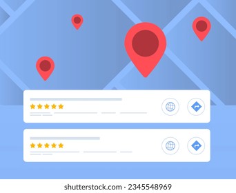 Search Engine Local Map Pack concept. The map segment in local search engine results highlights highest-ranked local listings relevant to gps area or the specified search location. Local business seo.