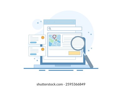 Search engine map concept, Search engine showing business location in search results, Business address in search results. Local map optimization. Analysis showing data. Vector illustration.