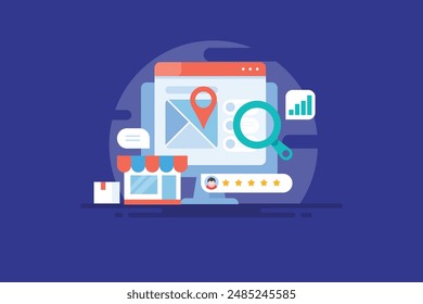 Search engine maps showing business location. Business listing SEO, Customer review and rating for SEO, Local search analysis - vector illustration with icons