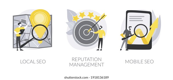 Search engine marketing abstract concept vector illustration set. Local SEO, reputation management, mobile optimization, targeted web search, public relations, social media abstract metaphor.