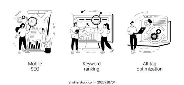 Search engine marketing abstract concept vector illustration set. Mobile SEO agency, keyword ranking, alt tag optimization, website ranking, search optimization, page navigation abstract metaphor.