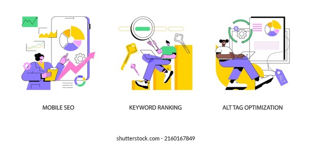 Search engine marketing abstract concept vector illustration set. Mobile SEO agency, keyword ranking, alt tag optimization, website ranking, search optimization, page navigation abstract metaphor.