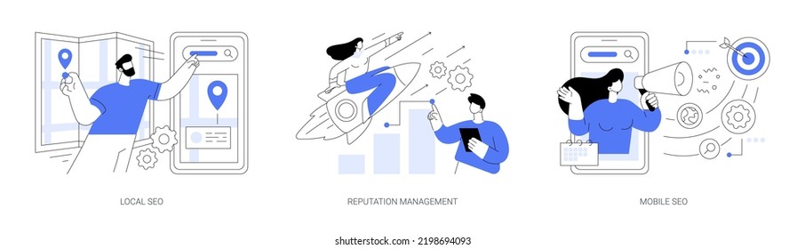 Search engine marketing abstract concept vector illustration set. Local SEO, reputation management, mobile optimization, targeted web search, public relations, social media abstract metaphor.