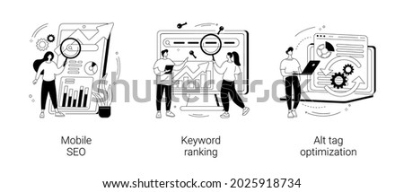 Search engine marketing abstract concept vector illustration set. Mobile SEO agency, keyword ranking, alt tag optimization, website ranking, search optimization, page navigation abstract metaphor.