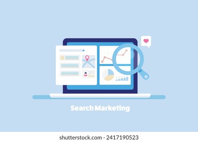 Search engine marketing, Ad campaign analysis, Search engine result page, SEO analytics software - vector illustration background with icons