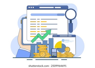 Search engine marketing analysis concept, Data marketing, Paid marketing campaigns, Pay per click. SEO optimization, Digital marketing and paid promotion on social media networks, Vector illustration.