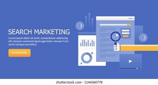 Search engine marketing, search analysis, hand with magnifying glass, searching on internet flat conceptual banner