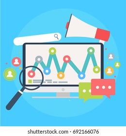 Search Engine Marketing banner. Computer with object, diagram, user icon. Vector flat illusration 