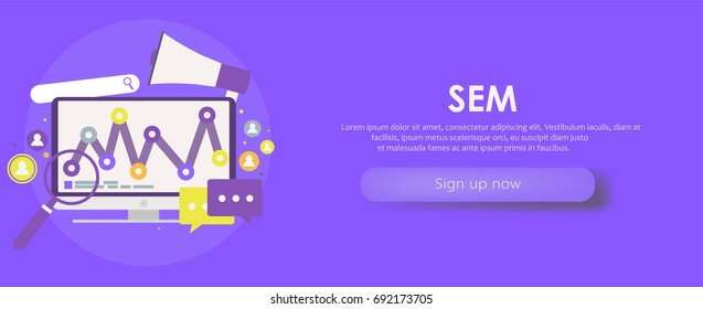 Search Engine Marketing banner. Computer with object, diagram, user icon. Vector flat illusration 