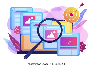 Search engine marketing business. Copywriting service, content management. Copy optimization, web text optimization, best SEO writing concept. Bright vibrant violet vector isolated illustration