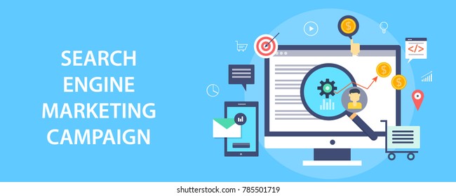 Search Engine Marketing Campaign, SEM, PPC Ads, Paid Marketing Flat Vector Banner With Icons And Elements