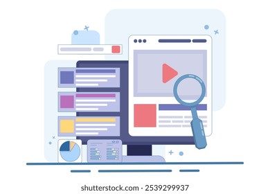 Search engine marketing concept, Running an advertising campaign on search engines, Search Ads send traffic to a website, Advertising analysis, flat vector illustration on background.
