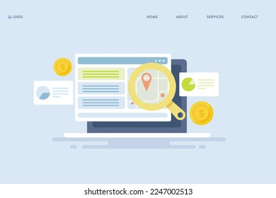 Search engine marketing concept, spending money on digital advertising, SEO marketing, PPC concept - vector landing page template with icon
