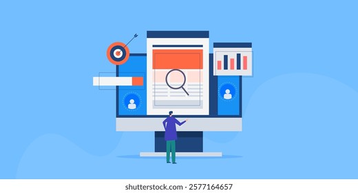 Search engine marketing, Digital ad campaign, Paid marketing, Marketing data analysis, Target audience - vector illustration background with character and icons