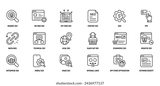 Search Engine Marketing Line Icon Set: Organic, App, Store, Optimization, Keyword, Density. Strategy, Editable Stroke.