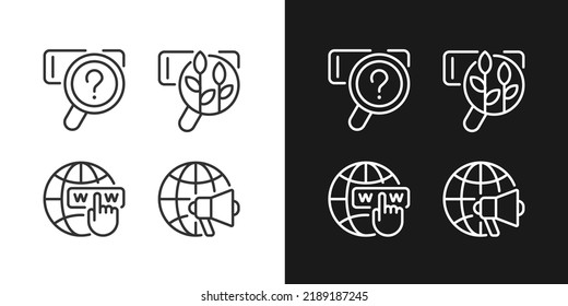 Search engine marketing pixel perfect linear icons set for dark, light mode. Web queries. Natural SEO. Global promotion. Thin line symbols for night, day theme. Isolated illustrations. Editable stroke