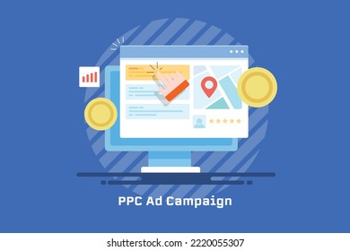 Marketing de motores de búsqueda, anuncios PPC, publicidad digital - ilustración vectorial de diseño plano con iconos