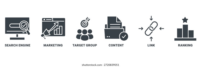 Search Engine Marketing (SEM) icon set vector concept with icon of search engine, marketing, target group, content, links, ranking