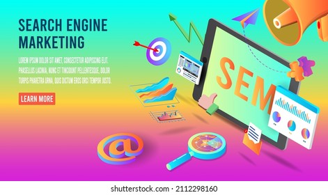 Search engine marketing (SEM) landing page concept. digital marketing, creative business internet strategy and market promotion development for website banner, marketing, presentation, advertising.