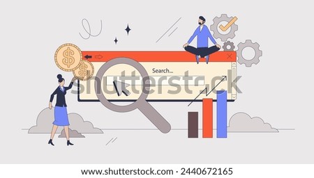 Search engine marketing or SEM strategy in neubrutalism tiny person concept. Results optimization and effective keywording vector illustration. Online internet ranking analysis for business homepage