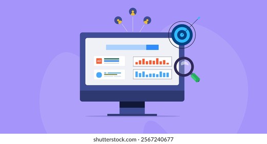 Search engine marketing, SEO strategy development, Analysis of SEO and SEM, Digital marketing data analytics - vector illustration background with icons