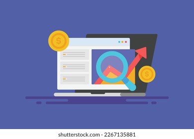 Search engine marketing, Marketing software showing search marketing performance, paid marketing analytics - flat design vector illustration with icons