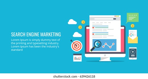 Search Engine Marketing, Sponsored Search Result, Paid Search Advertising Flat Vector Banner With Icons