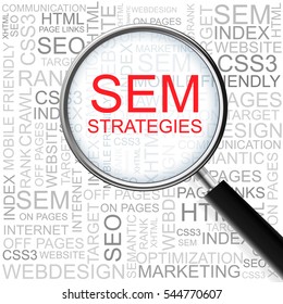 Search Engine Marketing Strategies. Magnifying glass over seamless background with different association terms.