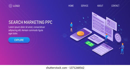 Search engine marketing, Marketing strategy to improve search engine ranking, PPC advertising concept, 3D, Isometric vector landing page