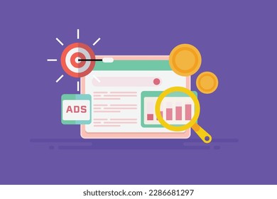Marketing de motores de búsqueda, estrategia de marketing de destino, publicidad de sitios web, monitorado de campañas publicitarias digitales - ilustración vectorial de diseño plano con iconos