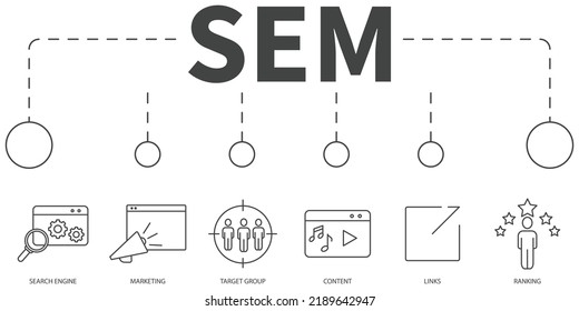 search engine marketing Vector Illustration concept. Banner with icons and keywords . search engine marketing symbol vector elements for infographic web