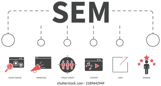 search engine marketing Vector Illustration concept. Banner with icons and keywords . search engine marketing symbol vector elements for infographic web