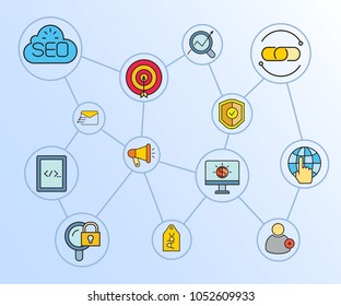 search engine and network diagram in blue diagram