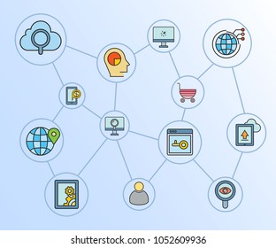 search engine and network diagram in blue diagram