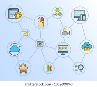 search engine and network diagram in blue diagram