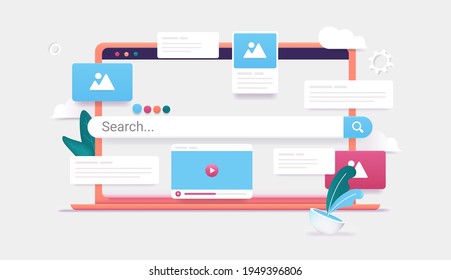 Search engine on computer screen - 3d vector illustration of laptop with internet search and results popping out. Finding information online concept.