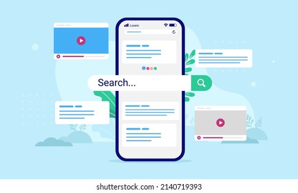 Search Engine On Phone Screen - Vector Illustration Of Smartphone With Internet Search And Results Popping Out. Finding Information Online Concept.