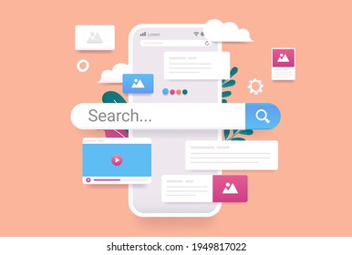 Search engine on smartphone screen - 3d vector illustration of phone with internet search and results popping out. Finding information online concept.