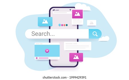 Search Engine On Smartphone Screen - Vector Illustration Of Phone With Internet Search And Results Popping Out. Finding Information Online Concept.