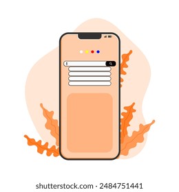 Search engine on smartphone screen - vector illustration of phone with internet search and results popping out. Finding information online concept.