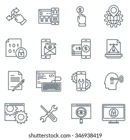 Search engine optimisation and design icon set suitable for info graphics, websites and print media. Black and white flat line icons.