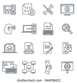 Search engine optimisation and design icon set suitable for info graphics, websites and print media. Black and white flat line icons.