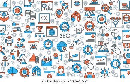 Search Engine Optimisation and Development banner. Modern icons on theme business, analysis, internet, organization, startup and web. Flat line design icons collection. Vector illustration