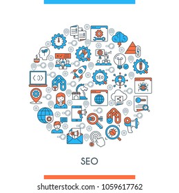 Search Engine Optimisation and Development concept. Modern icons on theme business, analysis, internet, organization, startup and web. Flat line design icons collection. Vector illustration