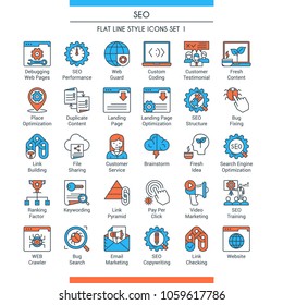 Search Engine Optimisation and Development icons. Modern icons on theme business, analysis, internet, organization, startup and web. Flat line design icons collection. Vector illustration