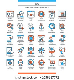 Search Engine Optimisation and Development icons. Modern icons on theme business, analysis, internet, organization, startup and web. Flat line design icons collection. Vector illustration