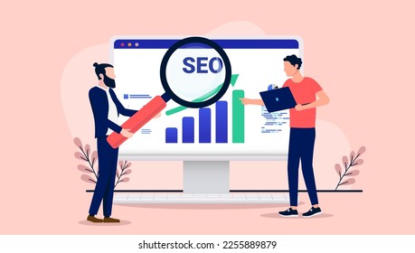 Search engine optimisation - People working on analytics and SEO research with magnifying glass and computers. Flat design vector illustration