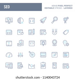 Search Engine Optimisation (SEO) - simple outline icon set. Editable strokes and Layered (each icon is on its own layer with proper name) to enhance your design workflow.